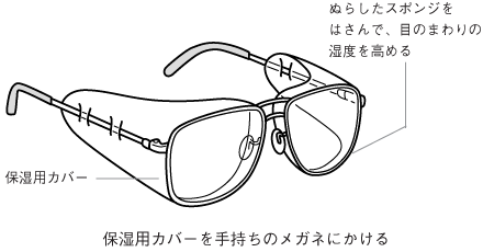 保護用カバーを手持ちの眼鏡にかけ、ぬらしたスポンジをはさんで、目のまわりの湿度を高める方法が有効です